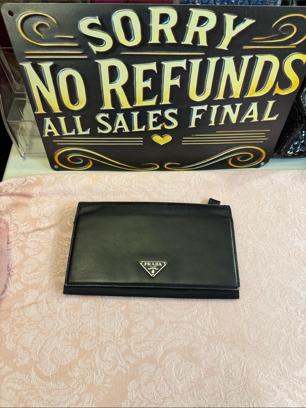 Prada Black Leather Men's Wallet with Silver Logo Plaque